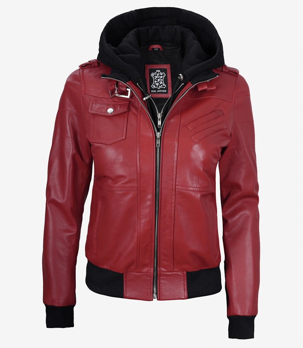 Womens Red Hooded Bomber Leather Jacket - Image 7