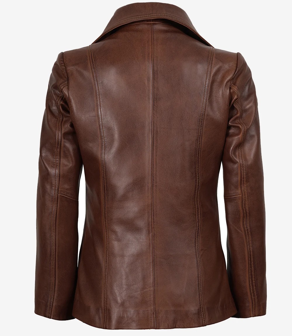 Women's Notch Lapel Two Button Cognac Leather Blazer - Image 7