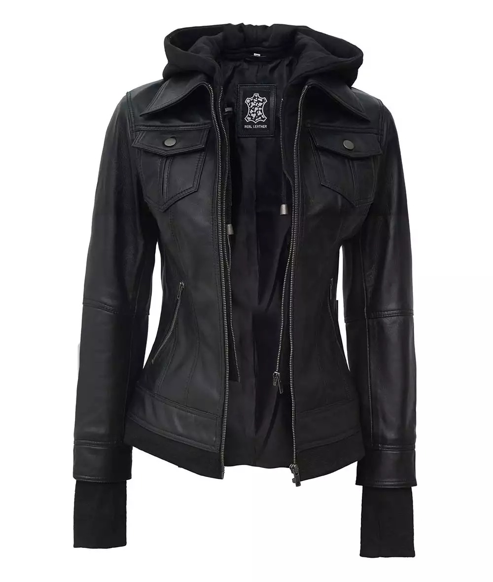The Céleste: Womens Black Bomber Leather Jacket with Removable Hood - Image 3