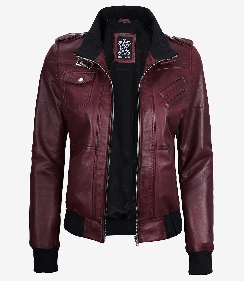 Womens Maroon Hooded Bomber Leather Jacket - Image 4