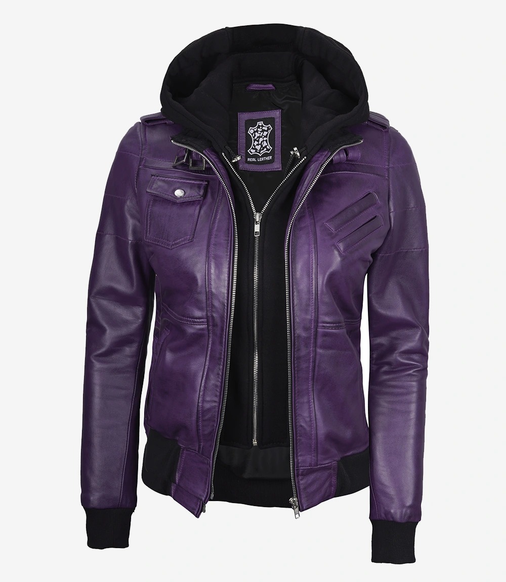 Womens Purple Bomber Leather Jacket with Removeable Hood - Image 7