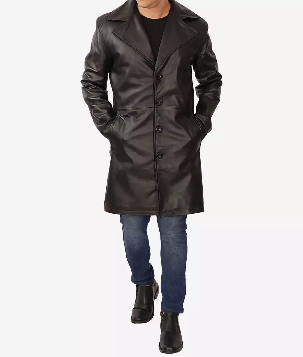 Men's 3/4 Length Black Lambskin Leather Coat - Image 8