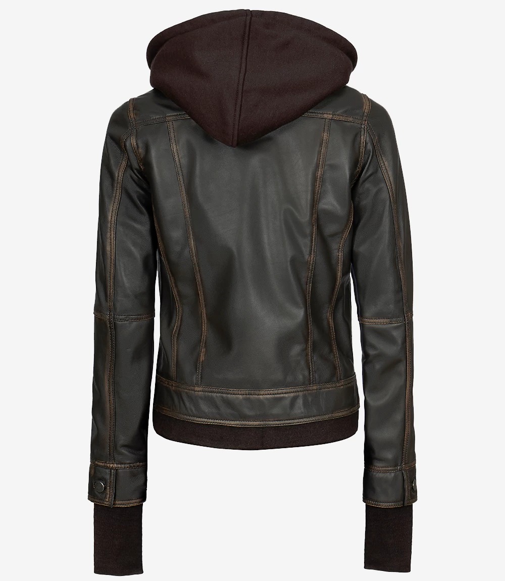 Women's Distressed Brown Bomber Leather Jacket with Removable Hood - Image 9