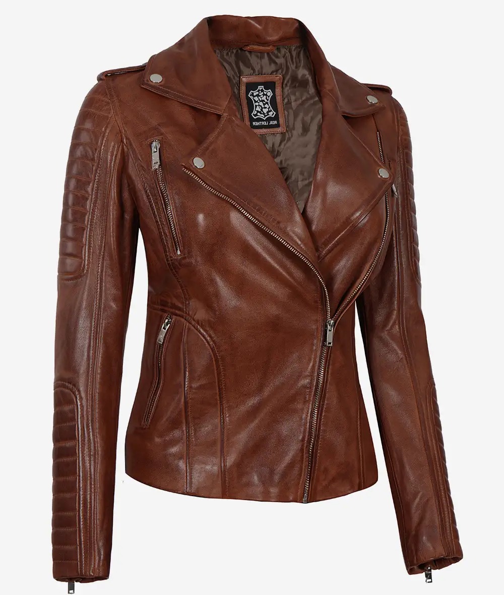 Women's Cognac Motorcycle Leather Jacket with Removable Hood - Image 9