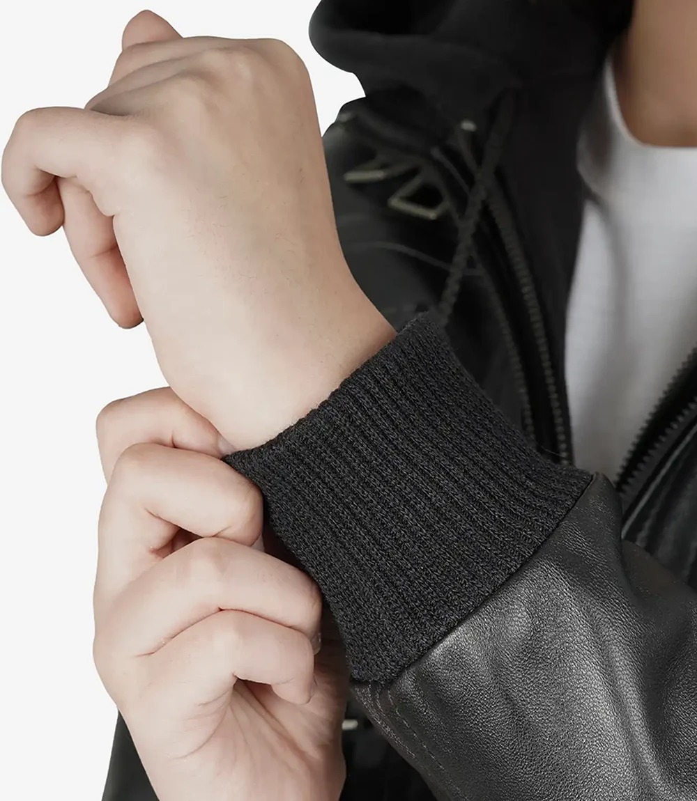 Women's Black Leather Bomber Jacket with Removable Hood - Image 7