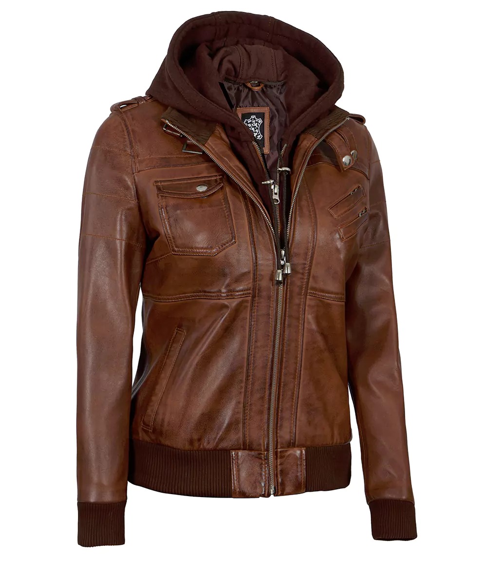 Womens Cognac Leather Bomber Jacket With Removable Hood - Image 6