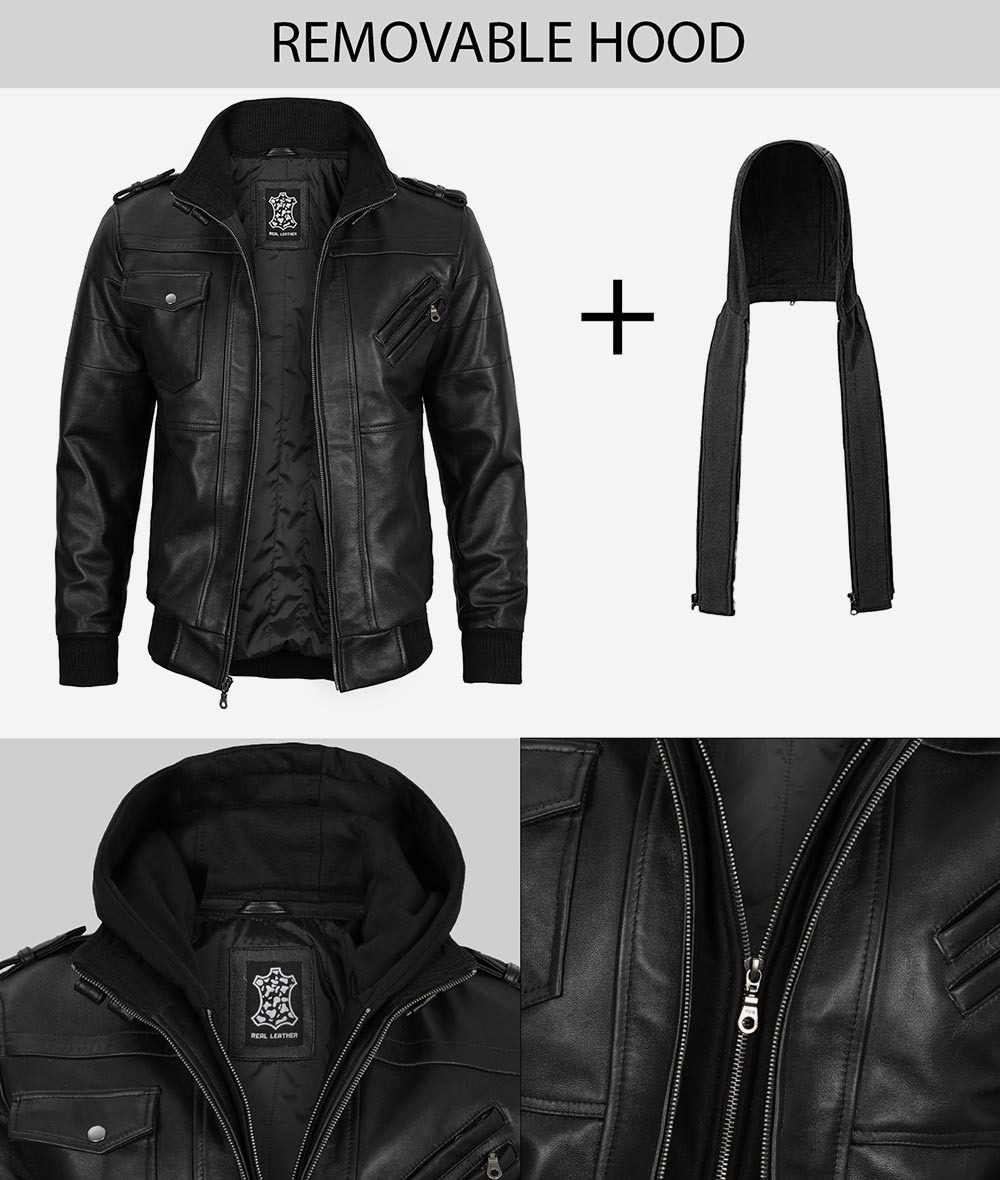 Mens Black Leather Bomber Jacket with Removable Hood - Image 8