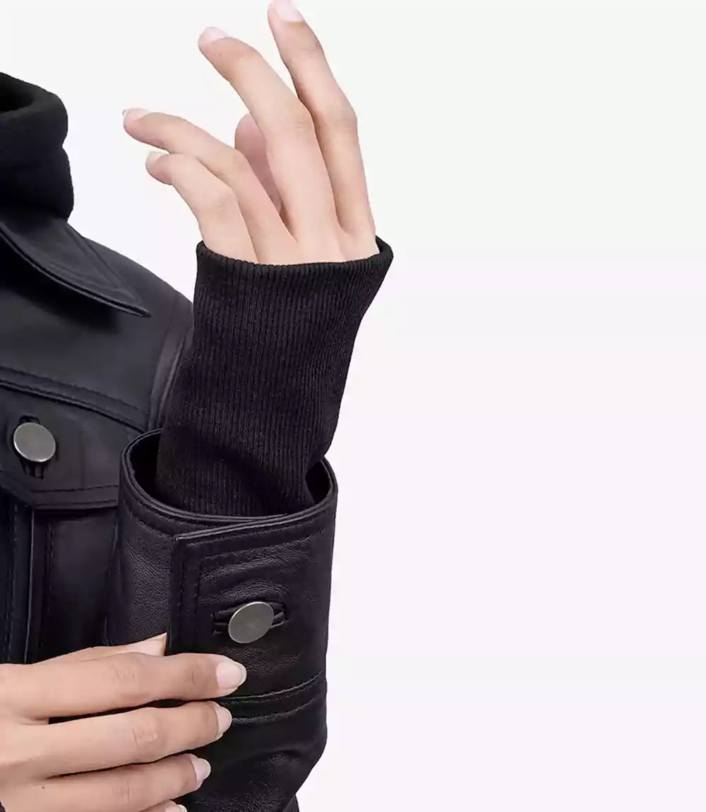 The Céleste: Womens Black Bomber Leather Jacket with Removable Hood - Image 4