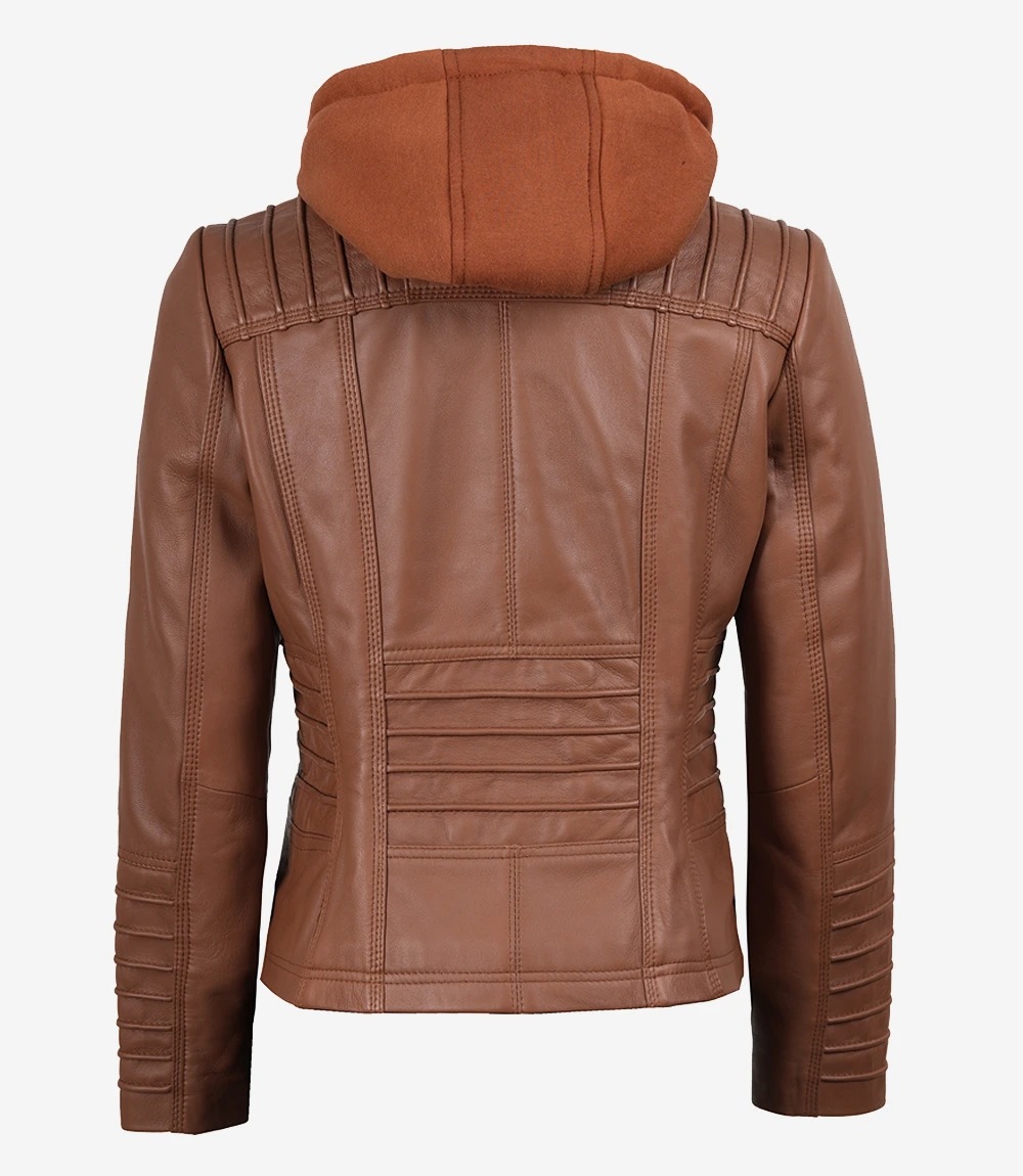 Helen Womens Cognac Leather Jacket with Removable Hood - Image 9