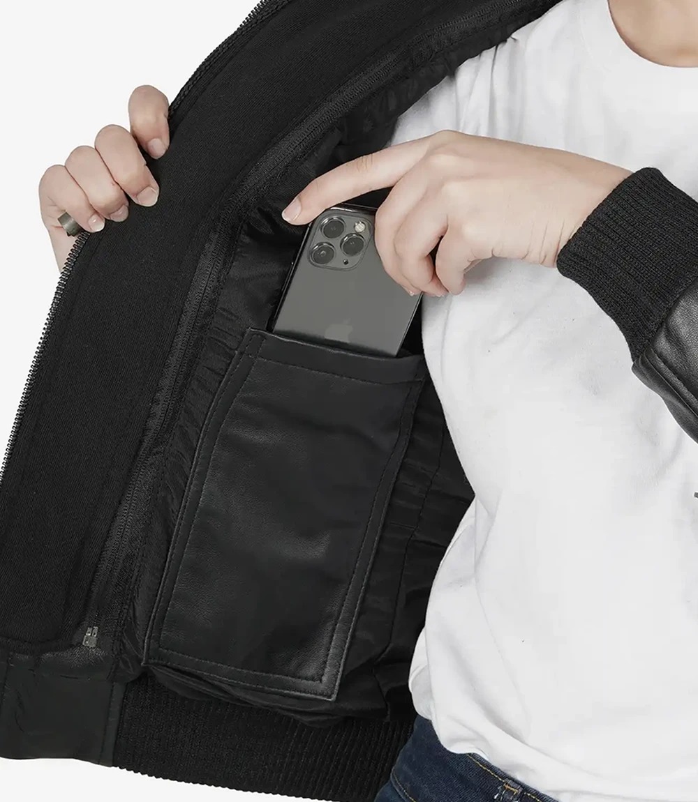 Women's Black Leather Bomber Jacket with Removable Hood - Image 8