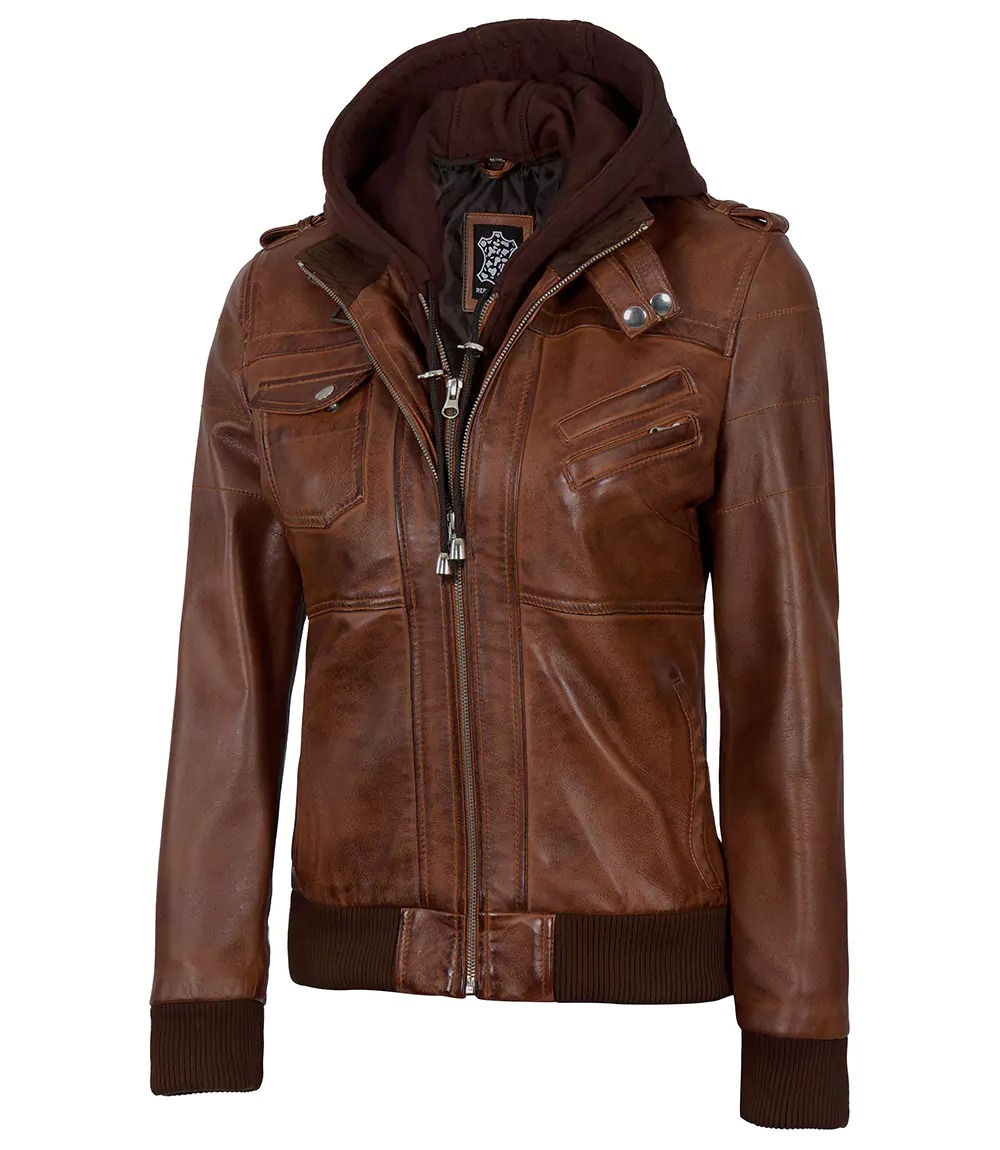 Womens Cognac Leather Bomber Jacket With Removable Hood - Image 7
