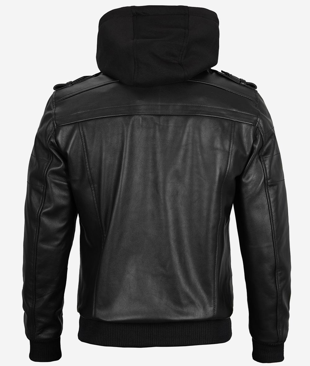 Mens Black Leather Bomber Jacket with Removable Hood - Image 9