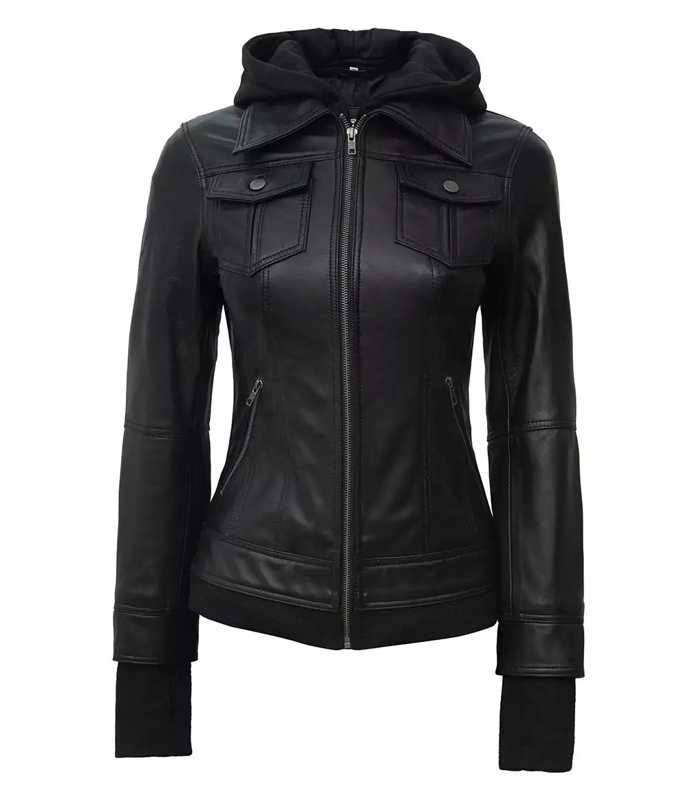 The Céleste: Womens Black Bomber Leather Jacket with Removable Hood - Image 5