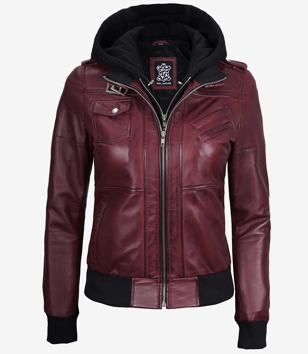 Womens Maroon Hooded Bomber Leather Jacket - Image 5
