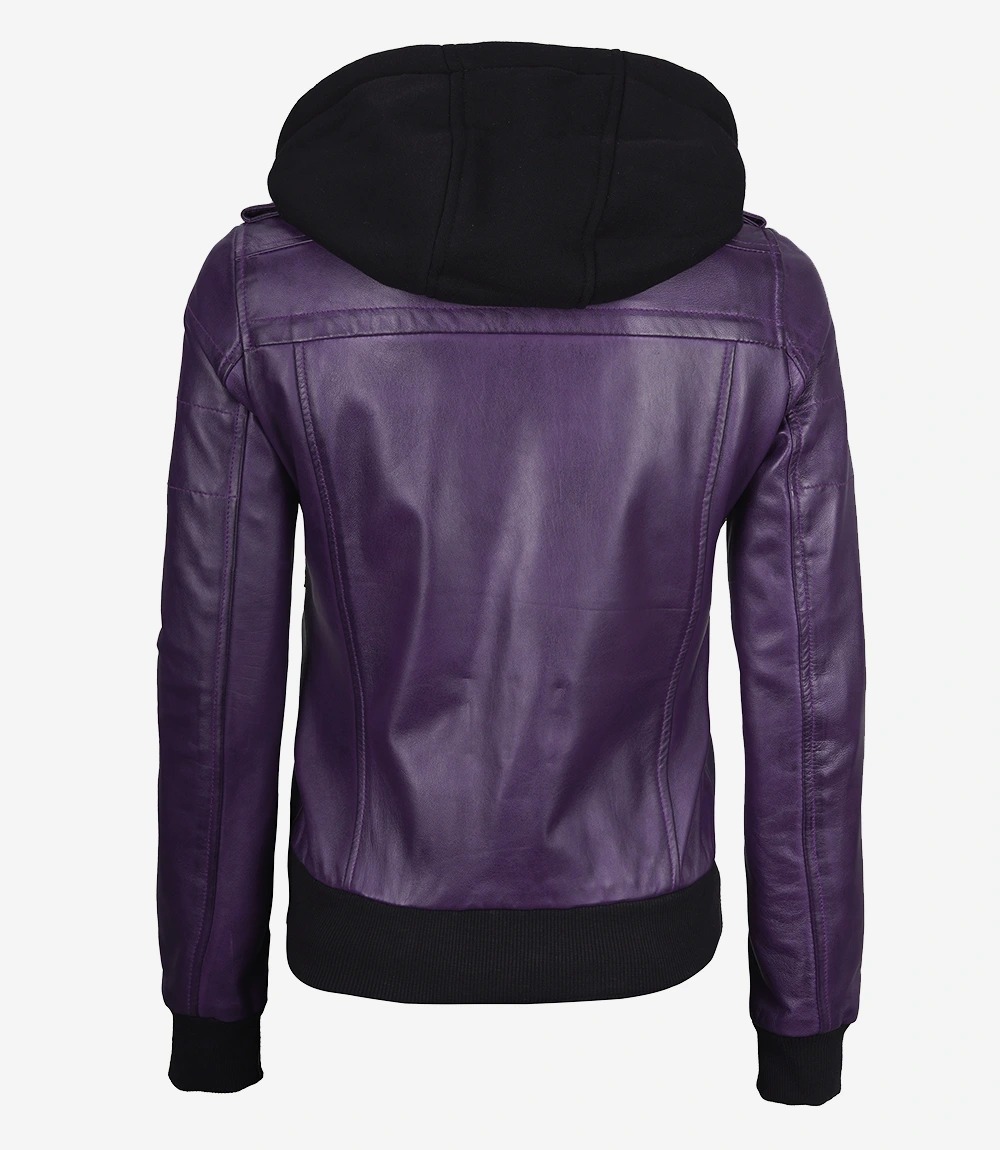 Womens Purple Bomber Leather Jacket with Removeable Hood - Image 8