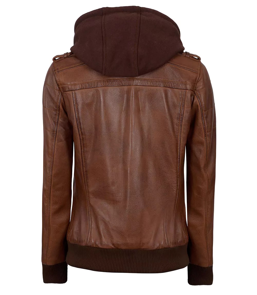 Womens Cognac Leather Bomber Jacket With Removable Hood - Image 8