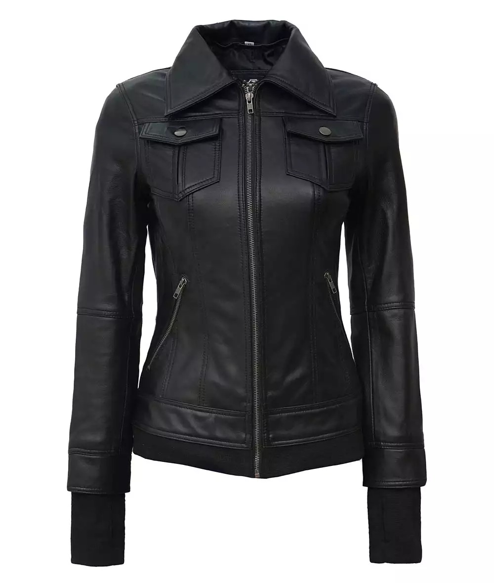 The Céleste: Womens Black Bomber Leather Jacket with Removable Hood - Image 6