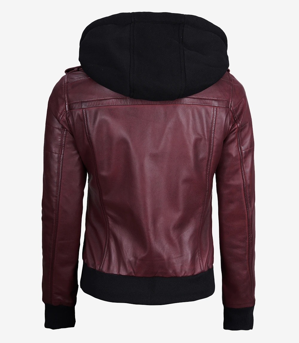 Womens Maroon Hooded Bomber Leather Jacket - Image 6