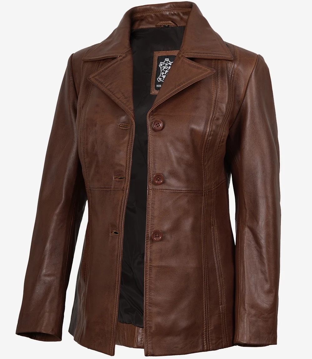 Women's Three Button Cognac Leather Blazer