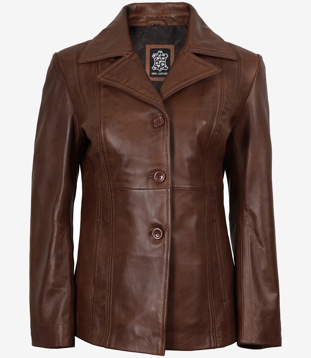 Women's Three Button Cognac Leather Blazer - Image 4