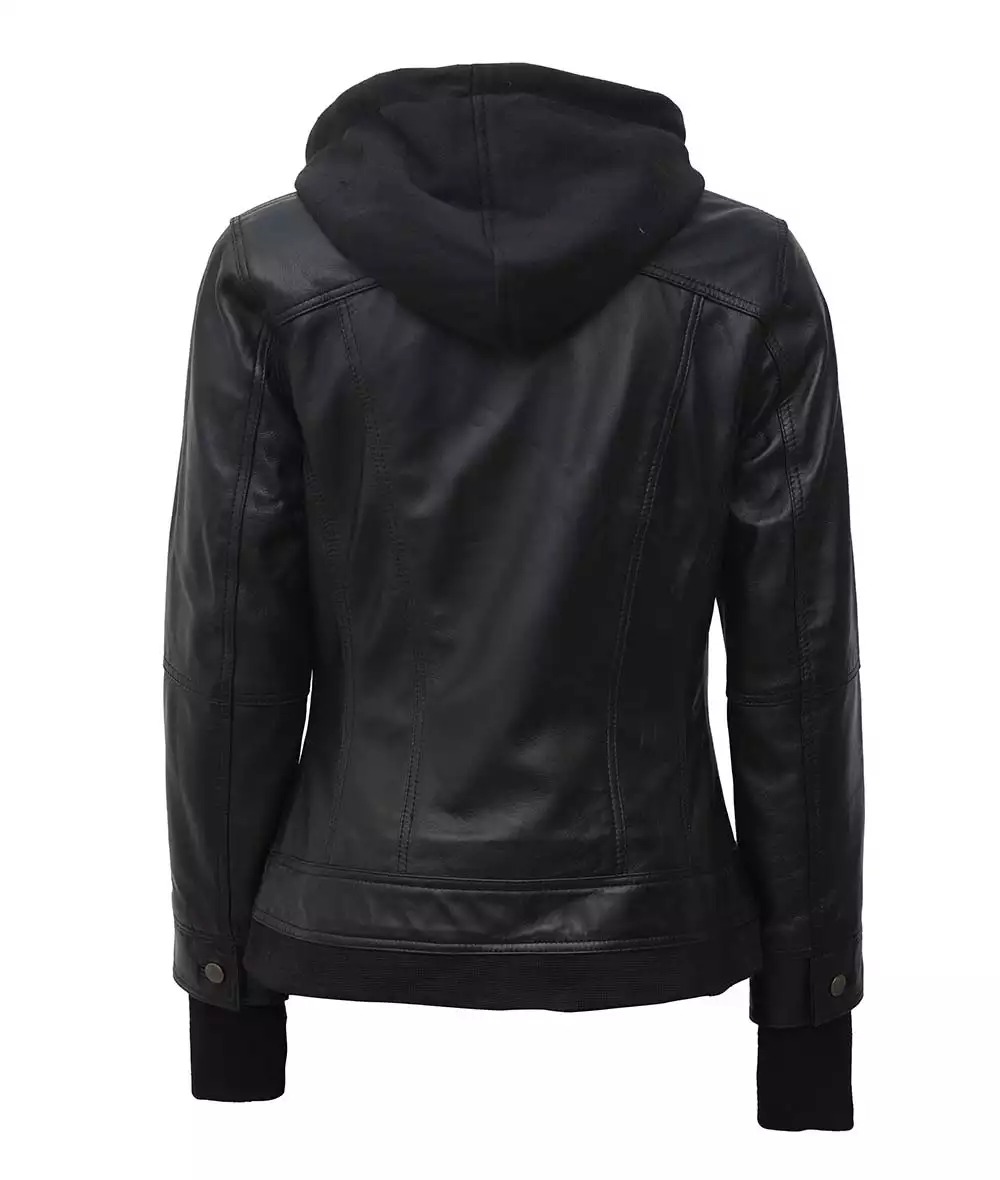 The Céleste: Womens Black Bomber Leather Jacket with Removable Hood - Image 8