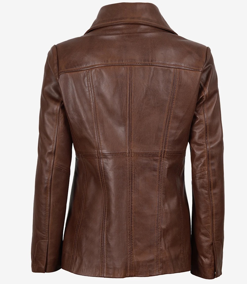 Women's Three Button Cognac Leather Blazer - Image 7