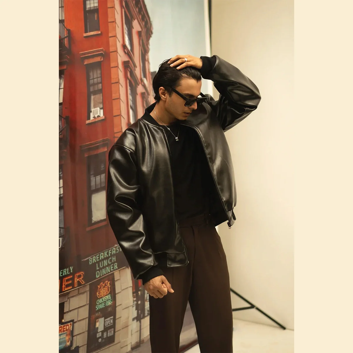 Men's Black Faux Leather Bomber Jacket