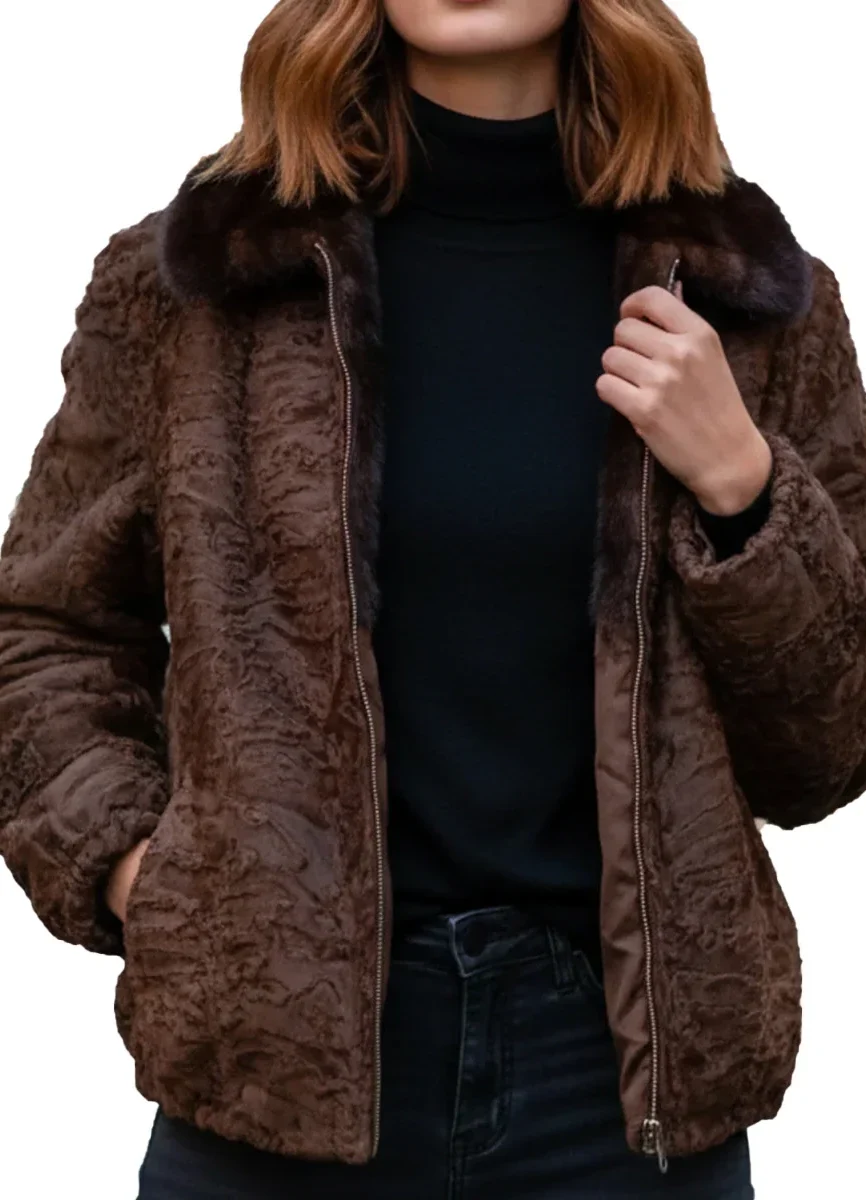 Brown Curly Lamb Fur Bomber Jacket with Mink Collar