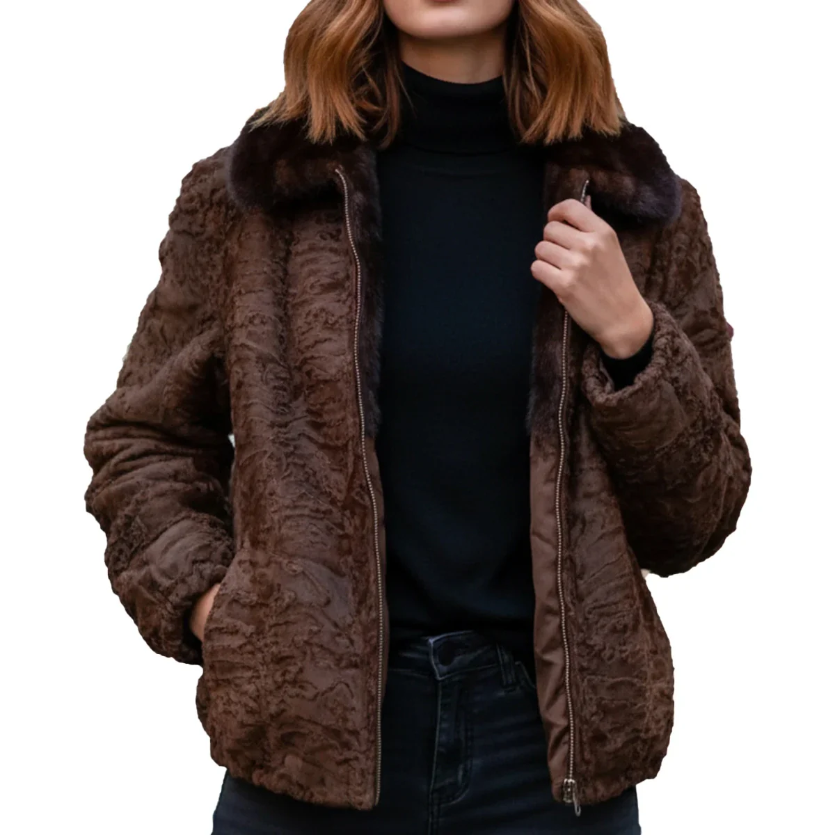 Brown Curly Lamb Fur Bomber Jacket with Mink Collar