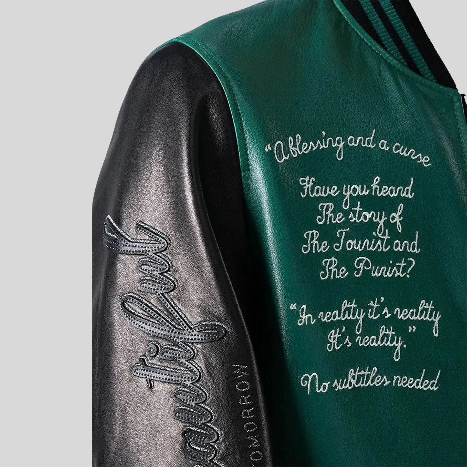 Green Varsity Hip Hop Fashion Real Leather Bomber Jacket - Image 2