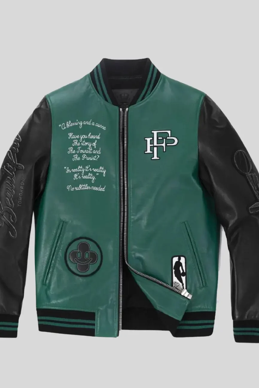 Green Varsity Hip Hop Fashion Real Leather Bomber Jacket
