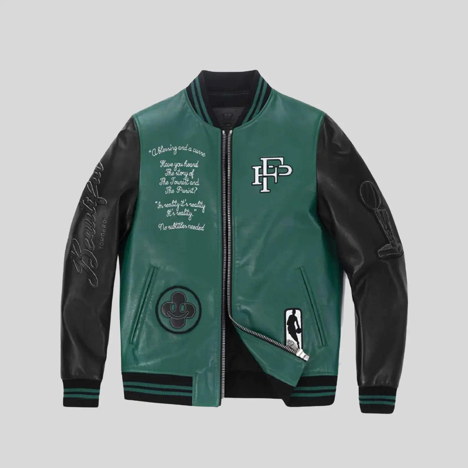 Green Varsity Hip Hop Fashion Real Leather Bomber Jacket