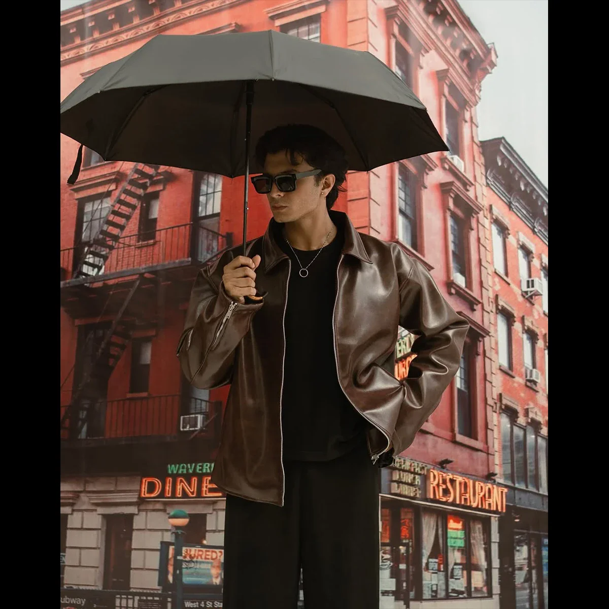 Korean Style Brown Faux Leather Jacket for Men - Image 2