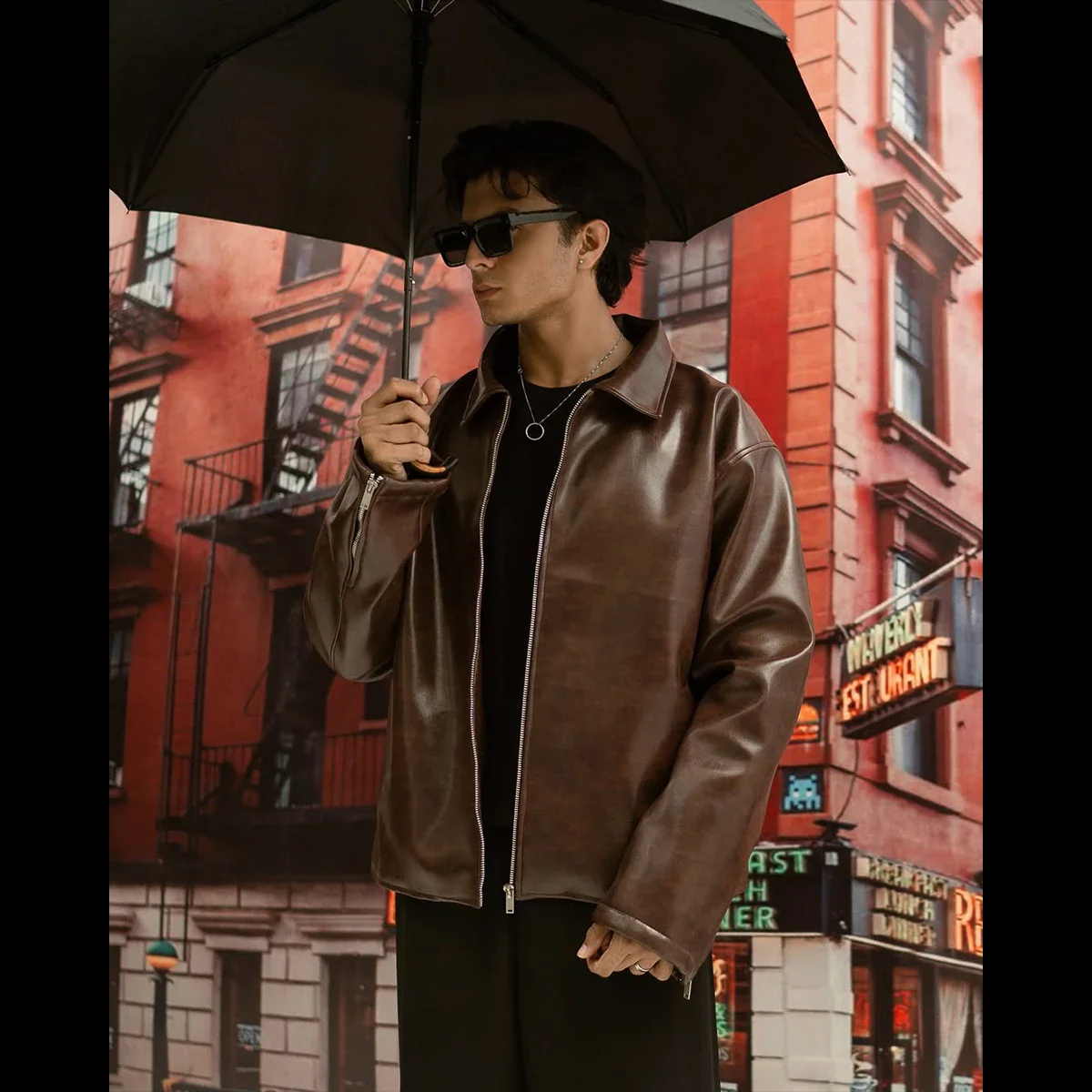 Korean Style Brown Faux Leather Jacket for Men