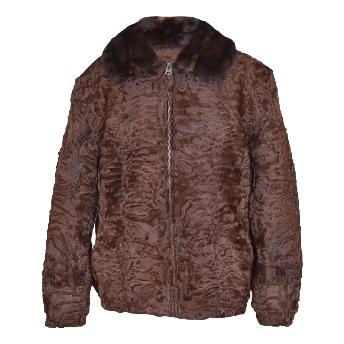 Brown Curly Lamb Fur Bomber Jacket with Mink Collar - Image 4