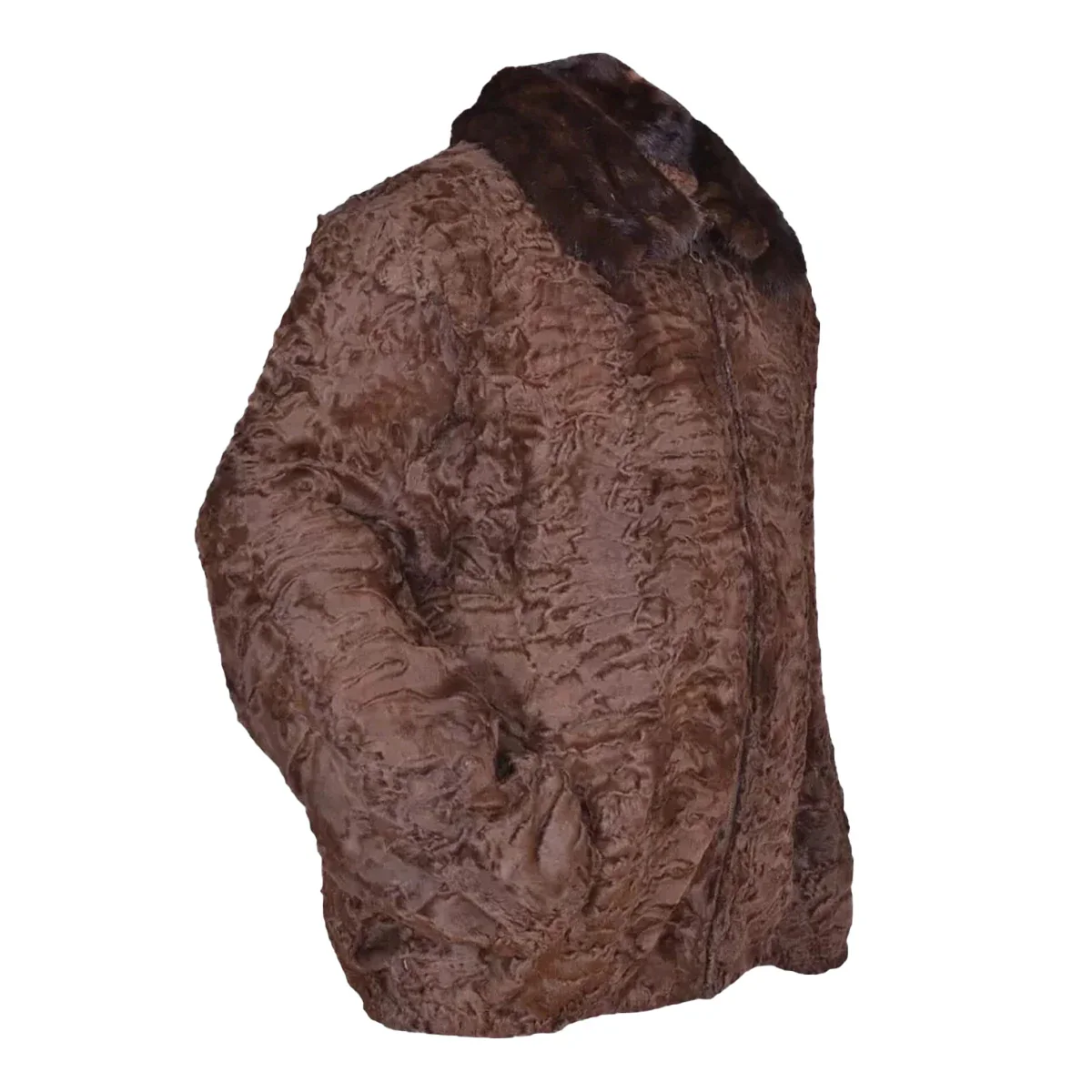 Brown Curly Lamb Fur Bomber Jacket with Mink Collar - Image 3